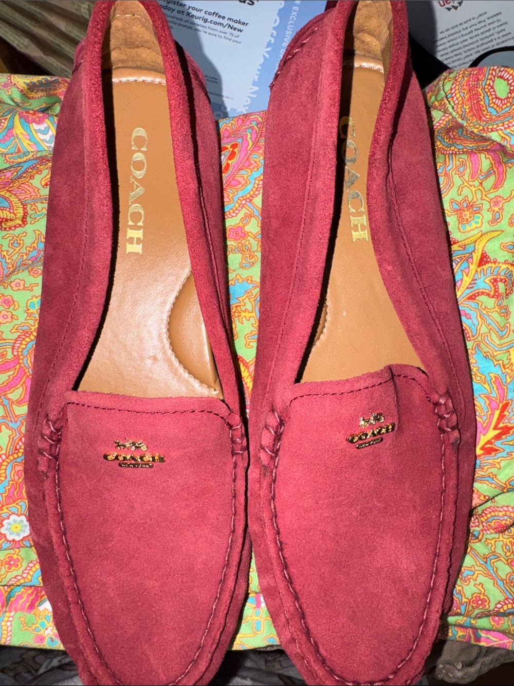 Coach Burgundy Suede Loafers with Gold Logo